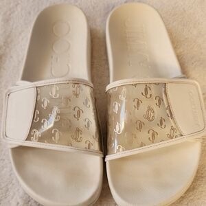 Jimmy Choo Womens White Slide Sandals With Clear Gold JCs Size 9 Preowned